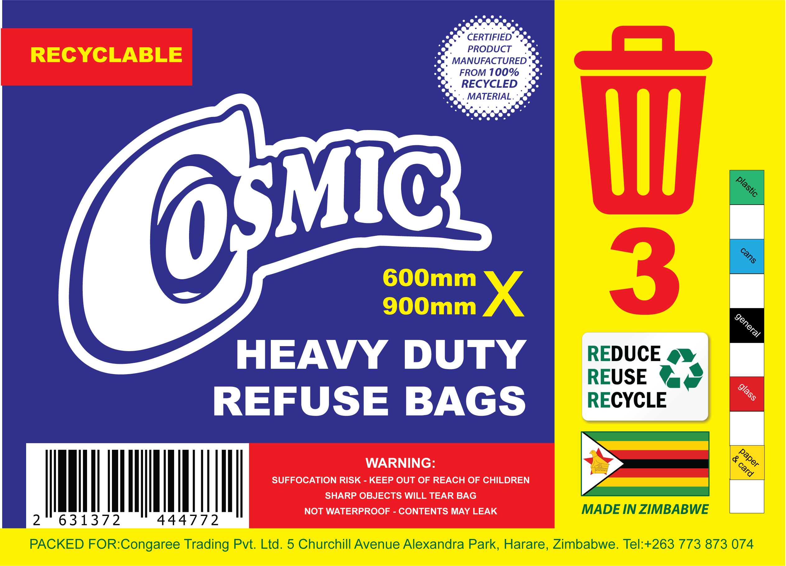 COSMIC Refuse Bag Heavy Duty 600mm x 900mm x 3's
