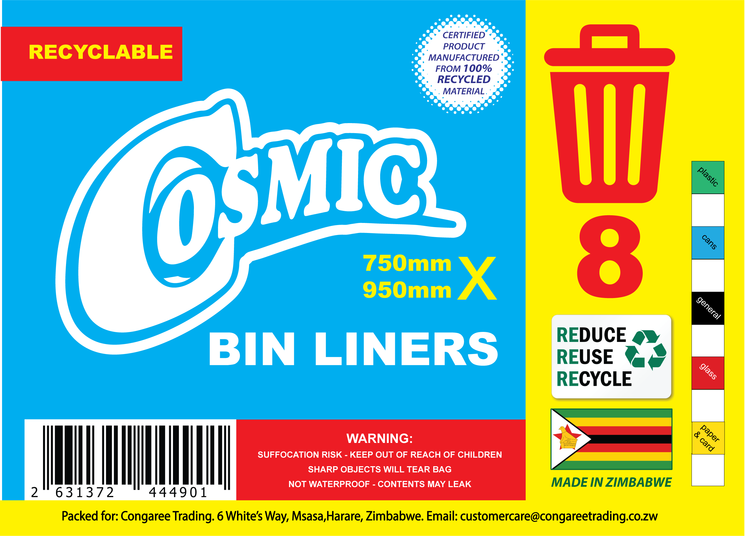 COSMIC Bin Liners 750mm x 950mm x 8's